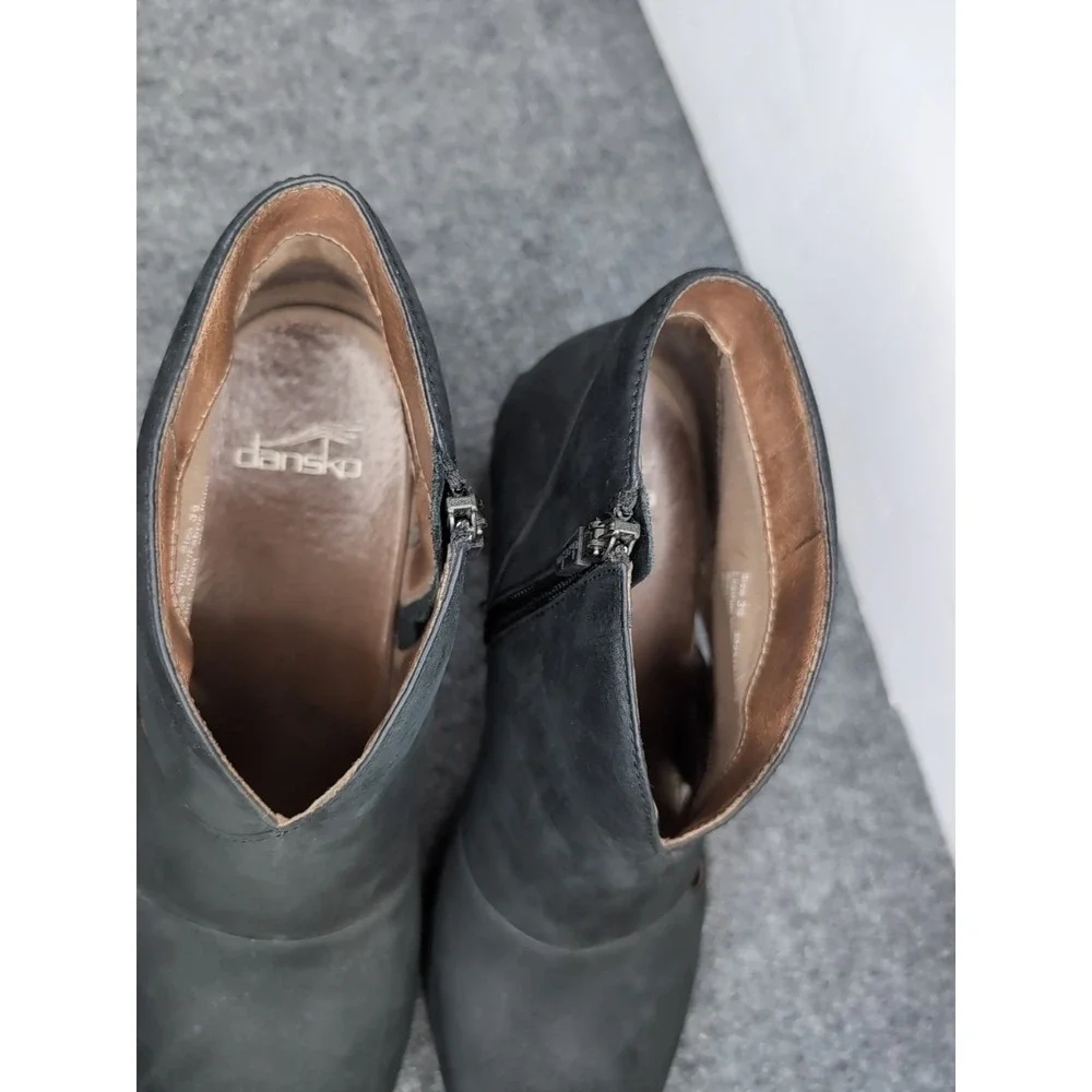 Dansko Delphina Bootie Sz 9 US / 39 Peep-Toe Platform Leather‎ Black Suede Heels - Picture 4 of 9